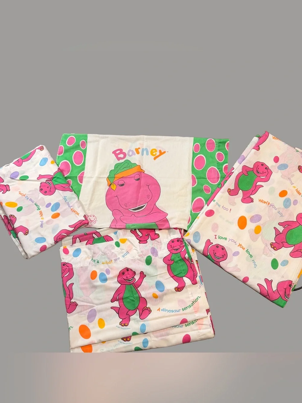 VTG 1992 Lot Barney Curtain and Sheet Set W/ Pillow Case Lyons Group Bibb Co
